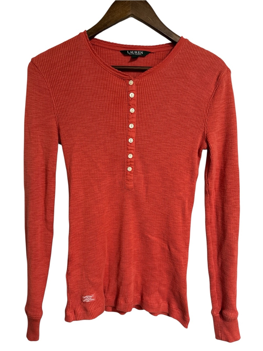 Vintage Lauren Ralph Lauren Ribbed Henley Top Orange Long Sleeve Y2K Preppy